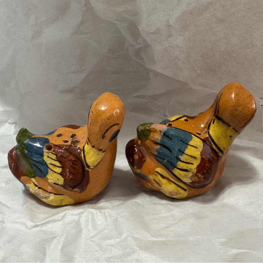 Hand Made And Painted Tonala Mexico Ducks Salt And Pepper Shakers ~No Stoppers~